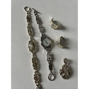 Premier Designs Jewelry Silver Tone Set Watch, Bracelet, Earrings, Pendant